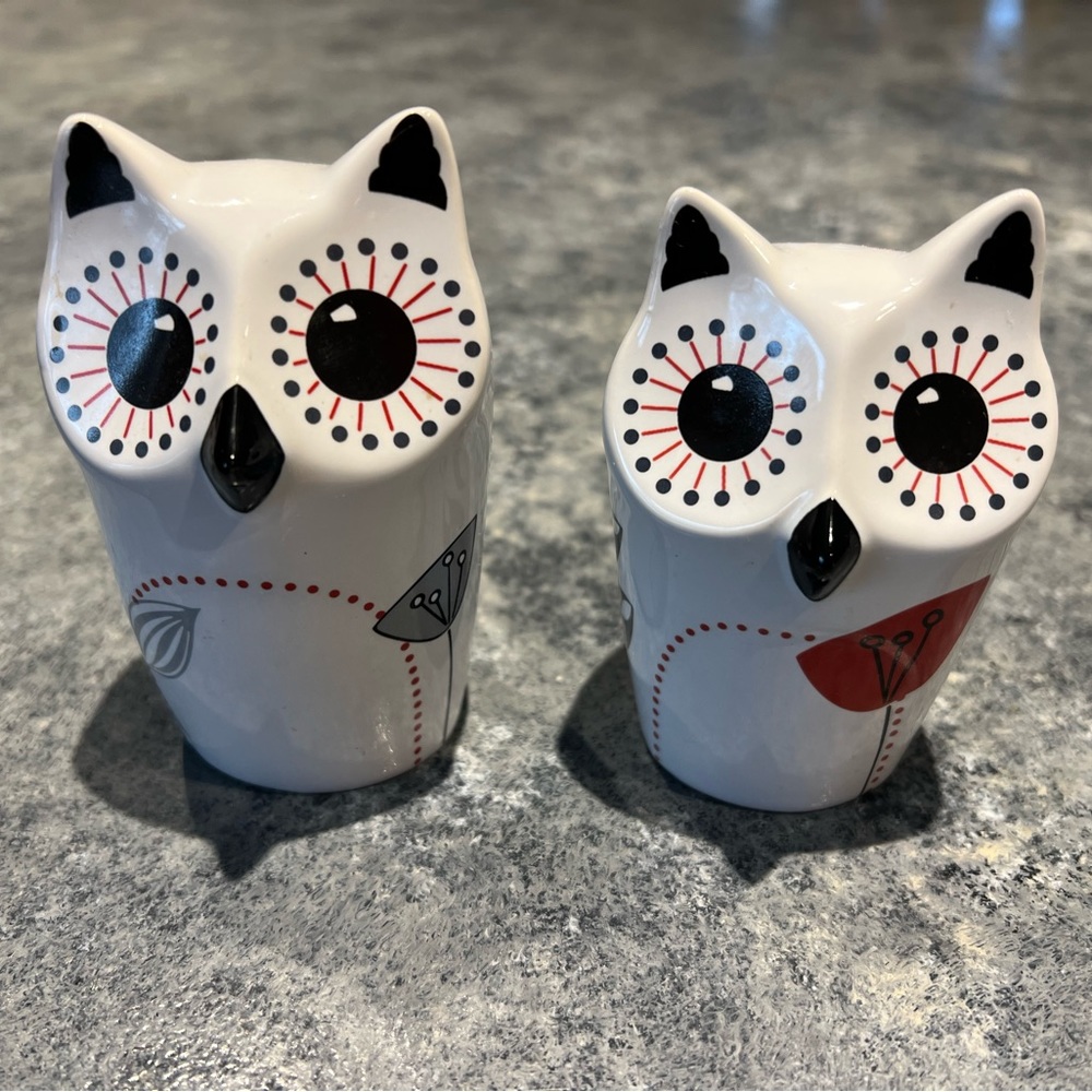 EUC ADORABLE The Cellar Owl Salt & Pepper Set Unique Trendy Black, White & Red